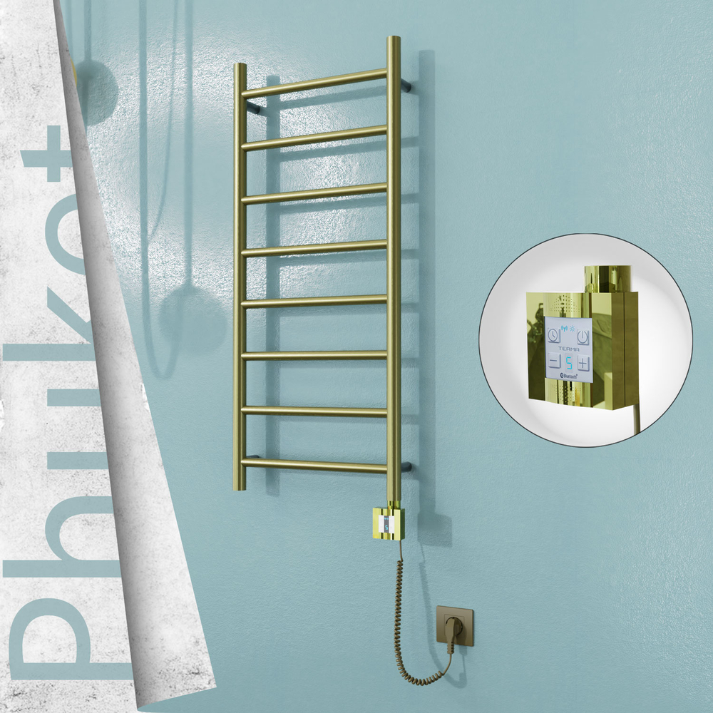 Phuket Sèche-serviettes Électrique en Inox 400x1000 Doré Satiné (KTX4 Thermostat) 200W Câble Spiralé - 1