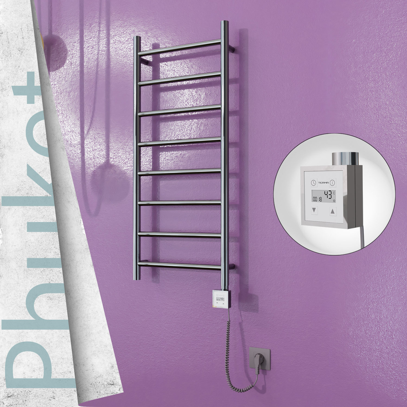 Phuket Sèche-serviettes Électrique en Inox 400x1000 Poli Miroir (KTX3 Thermostat) 200W Câble Spiralé 