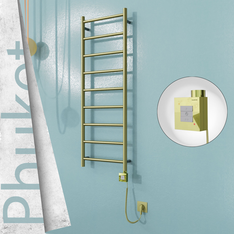 Phuket Sèche-serviettes Électrique en Inox 400x1200 Doré Satiné (KTX1 Thermostat) 200W Câble Spiralé 