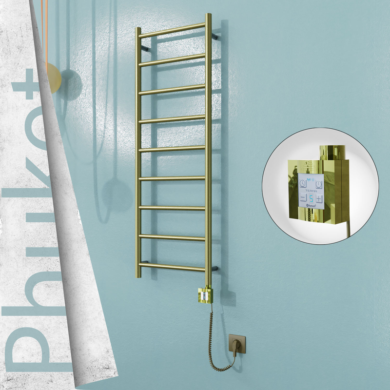 Phuket Sèche-serviettes Électrique en Inox 400x1200 Doré Satiné (KTX4 Thermostat) 200W Câble Spiralé 