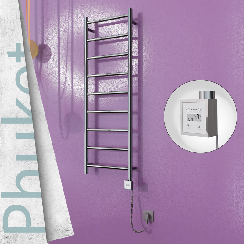 Phuket Sèche-serviettes Électrique en Inox 400x1200 Poli Miroir (KTX3 Thermostat) 200W Câble Spiralé 