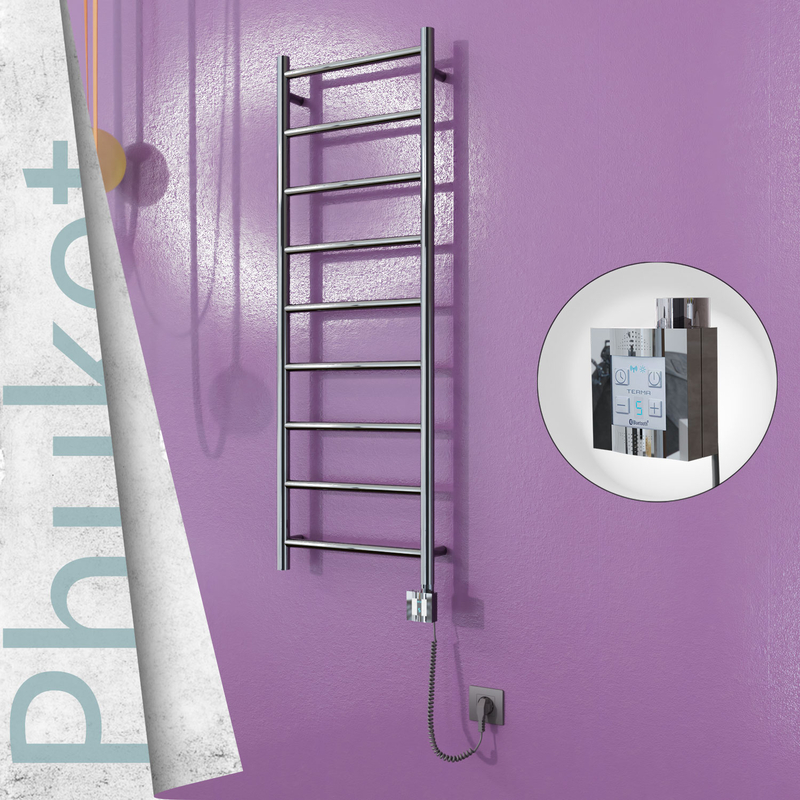 Phuket Sèche-serviettes Électrique en Inox 400x1200 Poli Miroir (KTX4 Thermostat) 200W Câble Spiralé 