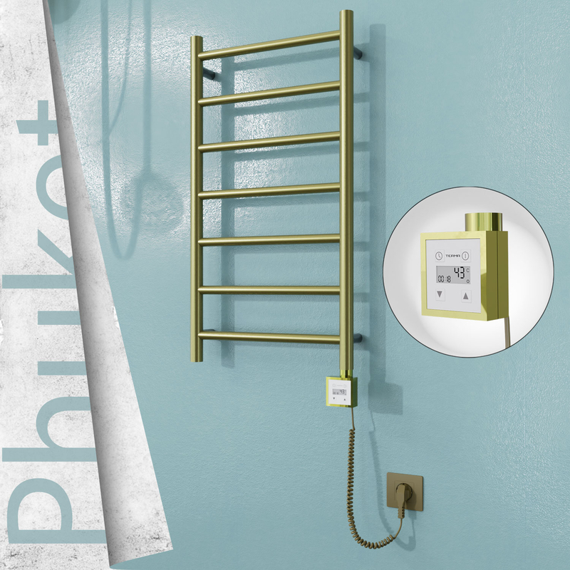 Phuket Sèche-serviettes Électrique en Inox 400x800 Doré Satiné (KTX3 Thermostat) 200W Câble Spiralé 