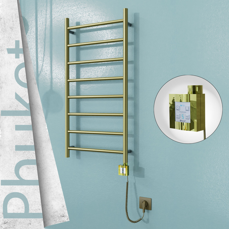 Phuket Sèche-serviettes Électrique en Inox 500x1000 Doré Satiné (KTX4 Thermostat) 200W Câble Spiralé