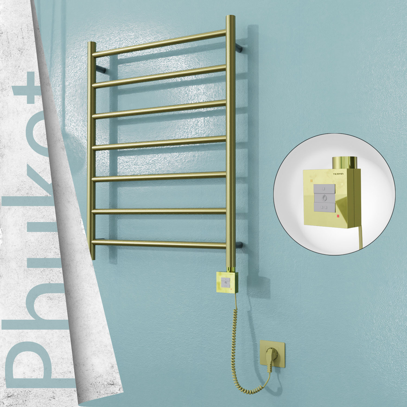 Phuket Sèche-serviettes Électrique en Inox 600x800 Doré Satiné (KTX1 Thermostat) 200W Câble Spiralé
