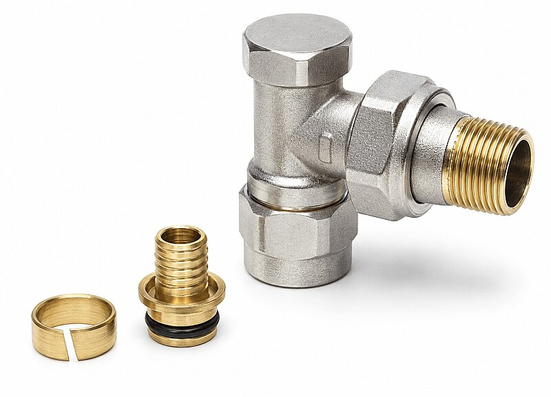 Radyatör Dönüş Vanası 1/2'' Köşe (17*2mm Boru Bağl. Rakorlu)