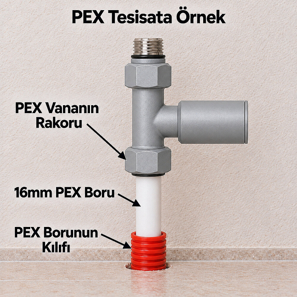 Radyatör Vanası 1/2'' Pütürlü Gri Düz Pex (Metal Volanlı 16*2mm Boru Bağl. Rakorlu) - 2