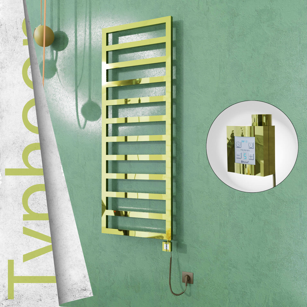 Typhoon Electric Stainless Steel Towel Rail 600x1580 Gold (KTX4 Thermostat) 600W Spiral Cable - 1
