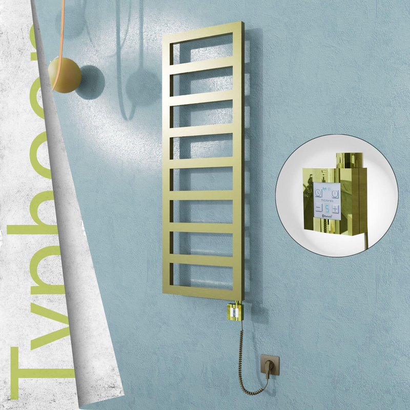 Typhoon Electric Stainless Steel Towel Rail 600x740 Satin Gold (KTX4 Thermostat) 300W Spiral Cable 